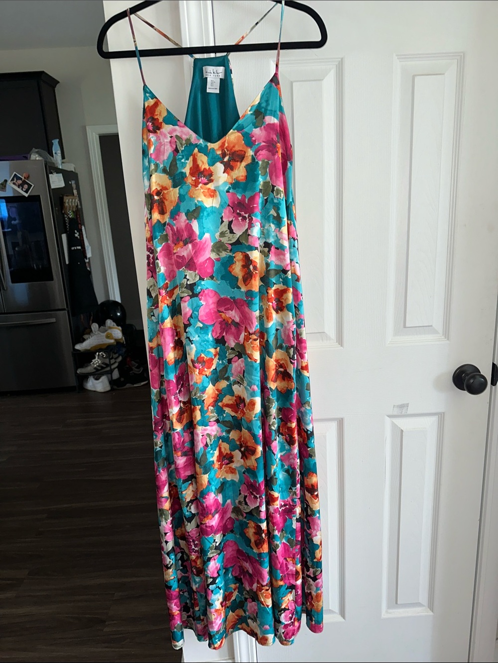 Nicole Miller Teal Floral Slip Maxi Dress with Pink & Orange Blooms